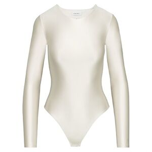 NWT Aritzia Babaton Satinette Crew Longsleeve Bodysuit in Matte Pearl Size Med.